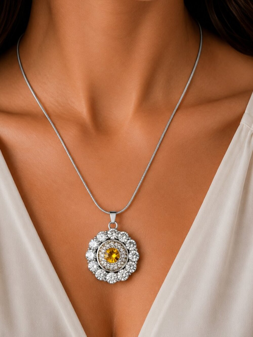 Silver Rhinestone Halo Snap Necklace Topaz Yellow Crystal Snap